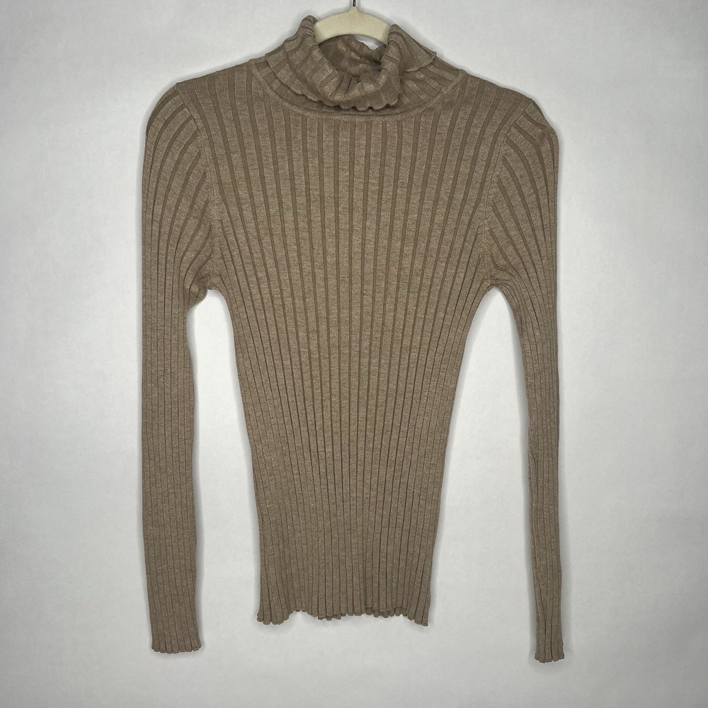 Y2K GEORGE Taupe Tan Beige Ribbed Fitted Turtleneck Pullover Sweater Large 12-14